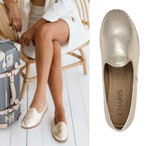 Charix Classic Gold Soft Leather Hand Made Slip On Flat Loafers Size 8.5